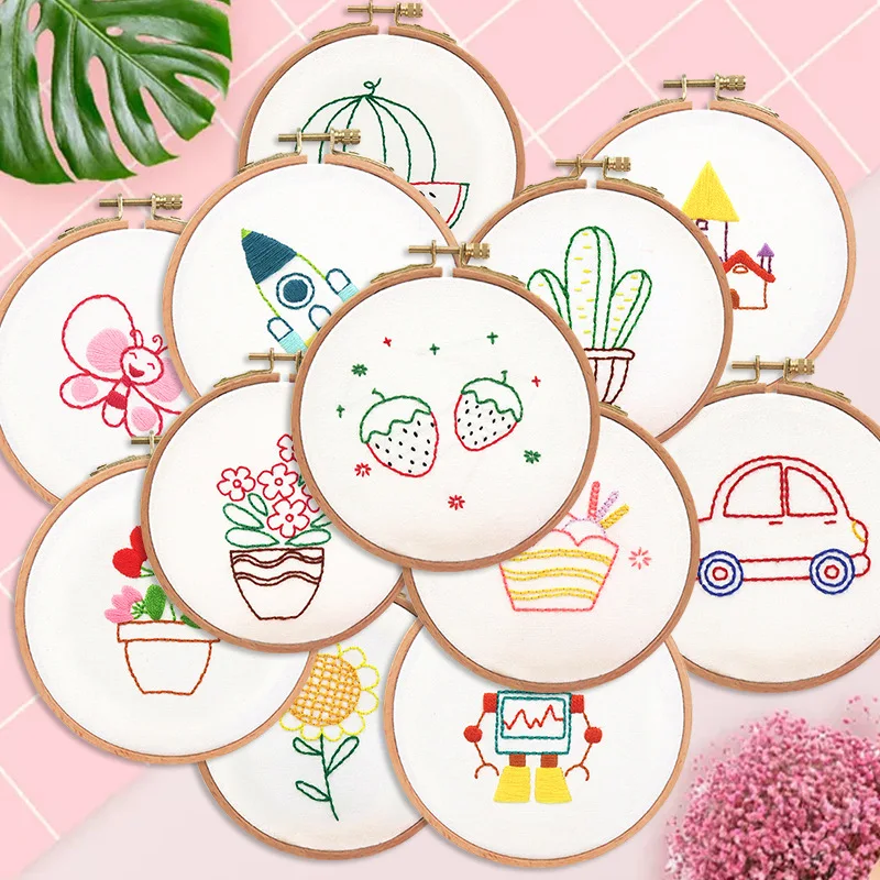 Embroidery Kit for Beginners 7-13 Patterns Fabric Needles Hoop Floss Cross Stitch Sets for Adults Kids Needlepoint Craft