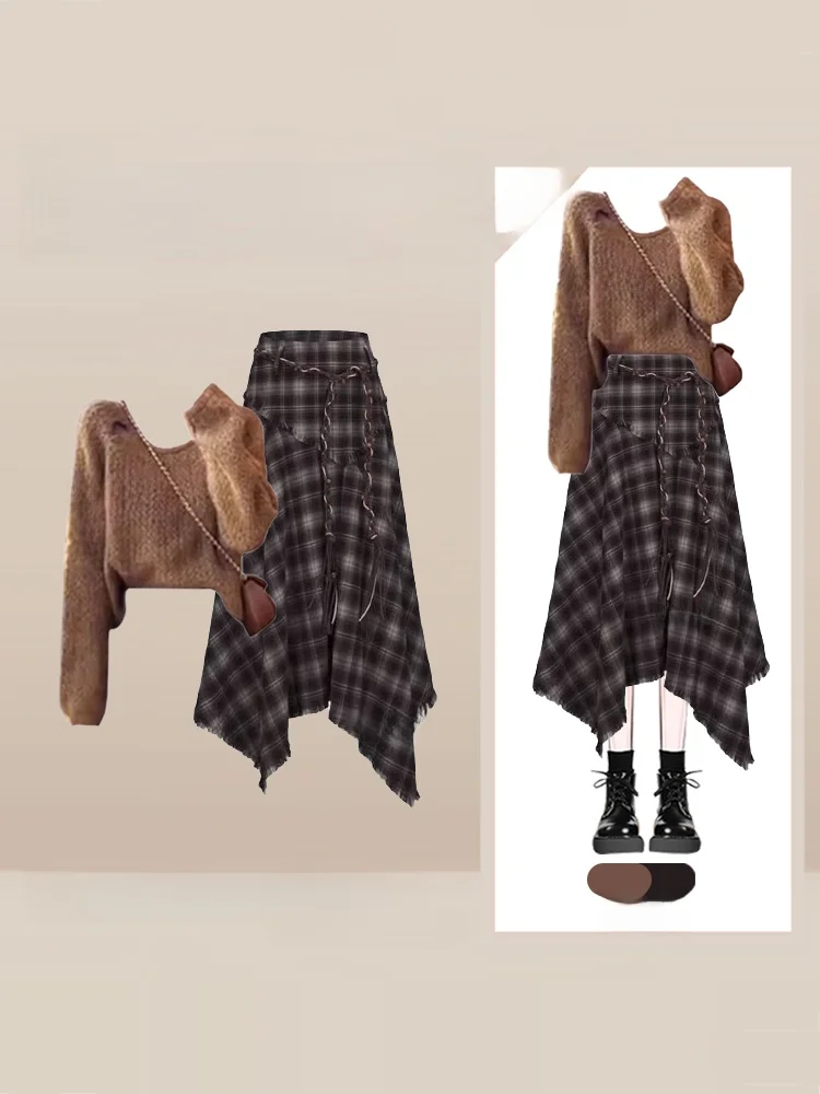 

Faionable Long Sve Outfit Women's Autumn New Sle f Skirt Asymmetrical Two-Piece Set Leisure Collar Knitted Swe...