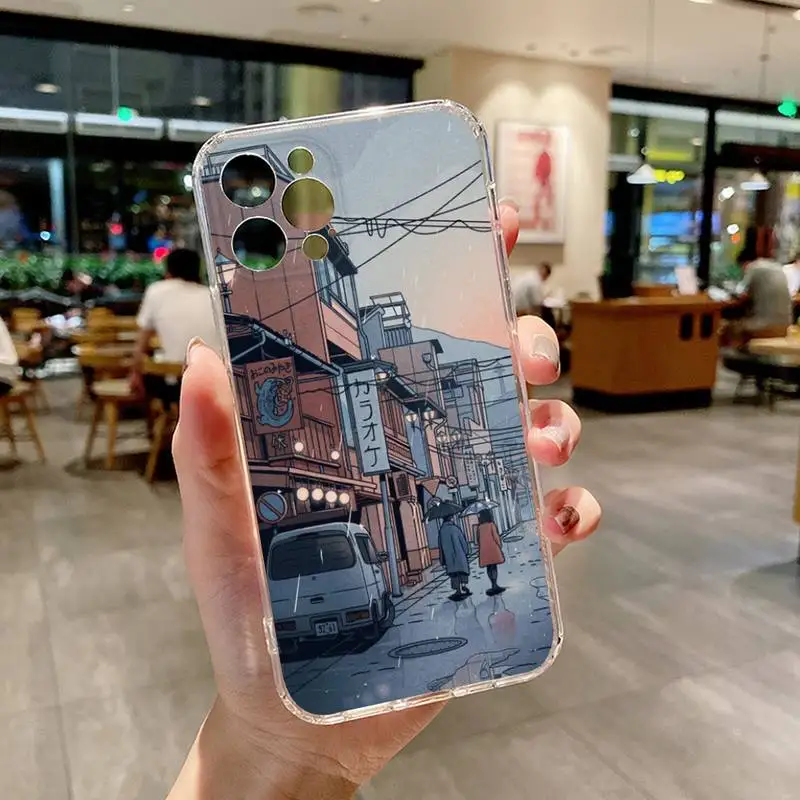 Japanese Anime Hand Painted House scenery Phone Case Transparent For iphone 13 12 11 Pro Max Mini X XR XS 7 8 6s plus Covers