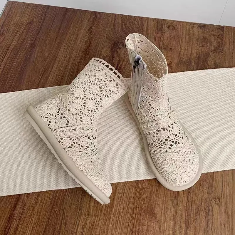 

European and American new 2025 spring/summer flat heel short boots flat bottomed hollow mesh boots women's cool boots