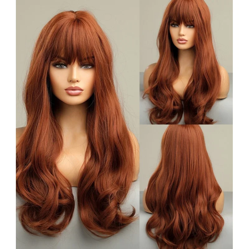 

Synthetic Hair Heat Resistant Dress Up Wig With Bangs Copper Red Long Wavy