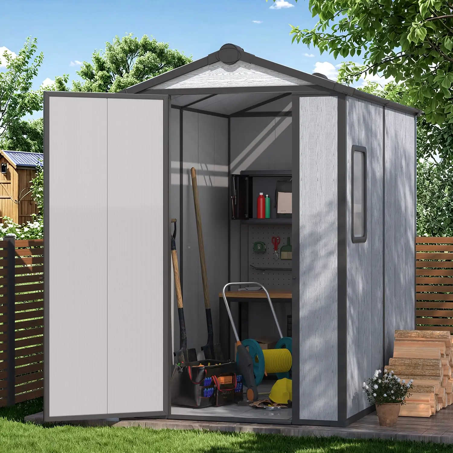 

Всепогодный уличный сарай из полимерной смолы с запираемыми дверями, окнами и полом, для бассейна, патио, заднего двора, 4x6 футов, на заказ