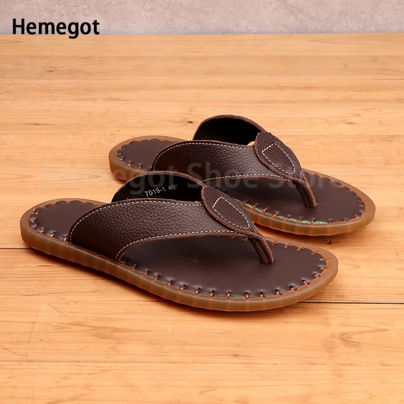 Summer Beef Tendon Bottom Flip-Flops Men's Top Layer Cowhide Flip-Flops Genuine Leather Soft Bottom Non-Slip Breathable for Men