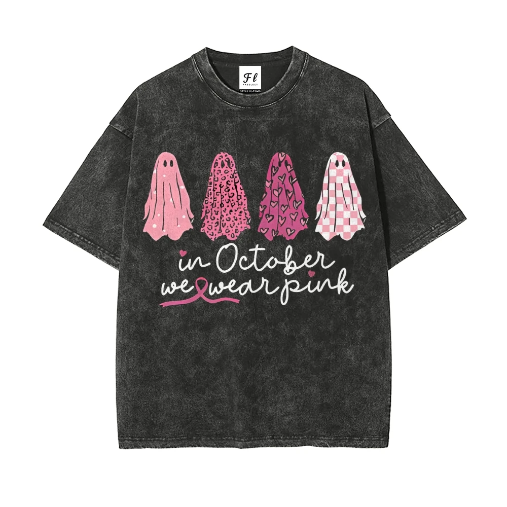 In ottobre Indossiamo una maglietta lavata con fantasma rosa Halloween T-shirt grafiche carine Moda O-Collo Manica corta Casual Top larghi unisex