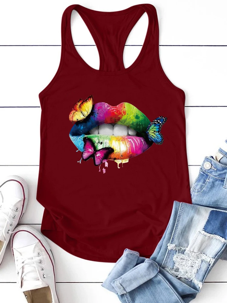 Multicolored Lips Butterflies Printed Tank Top Women Sleeveless Summer Tee Shirt Harajuku Crew Neck Ladies 90s Tops Ropa Mujer