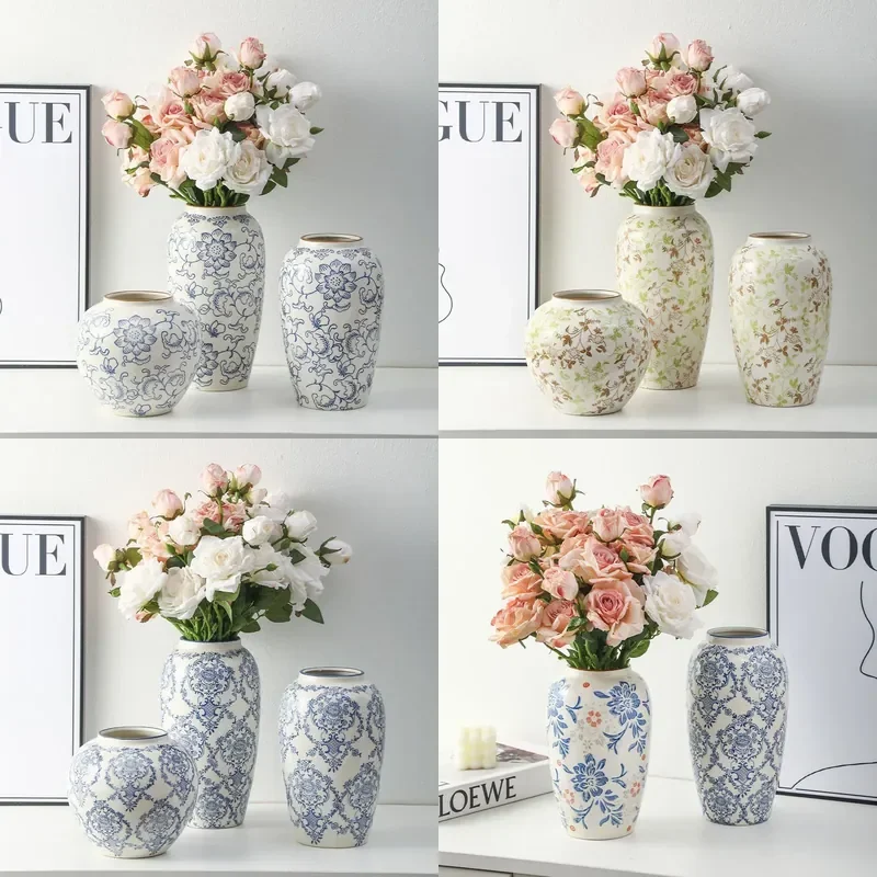 Retro Blue White Porcelain Vase Ceramic Flower Arrangement Ornament for Living Room Home Decor Non Porous Planter
