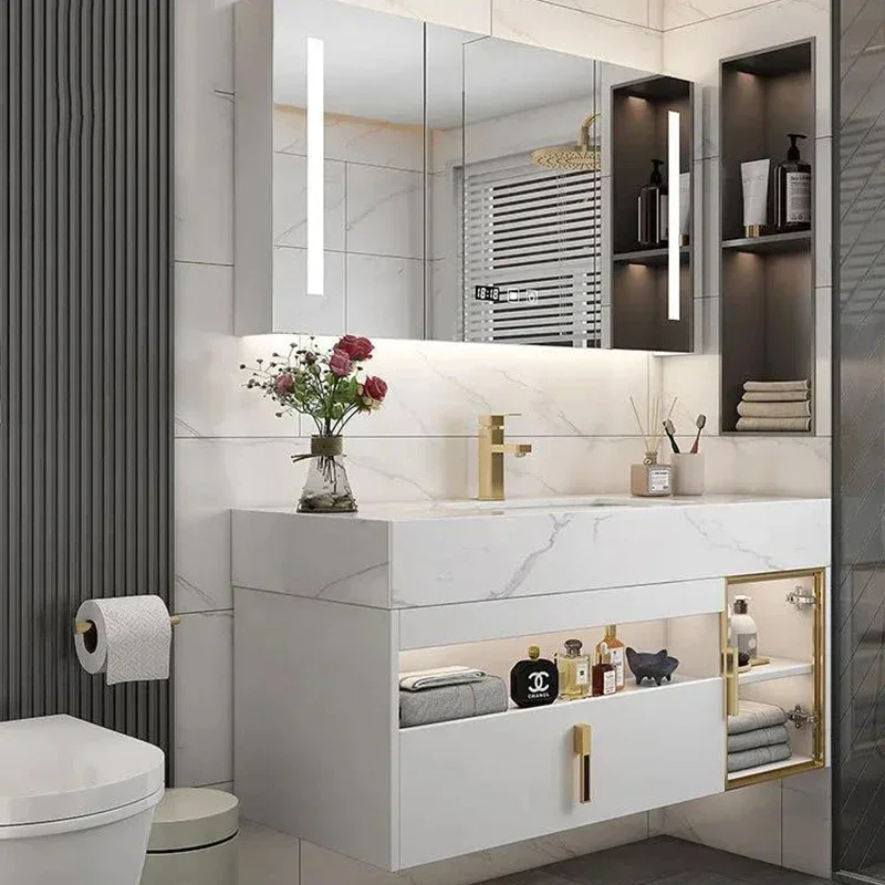 Nordic Display Bathroom Cabinet With Slate Ceramics Sink Combination Solid Wood Intelligent Simple Gabinete Salon Furniture