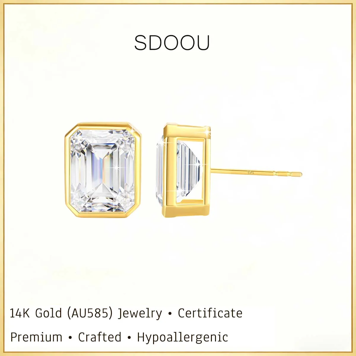

SDOOU Classic 5D Hollow 1-3ct Moissanite Stud Earrings Emerald Cut Real 14K Gold Certified for Women Wedding Daily Wear Jewelry