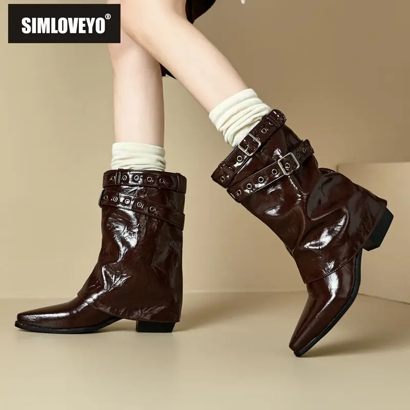 

SIMLOVEYO 2025 Winter Style Females Mid Calf Shoes Pointed Toe Block Heels 5.5cm Slip On Brown Big Size 46 47 48