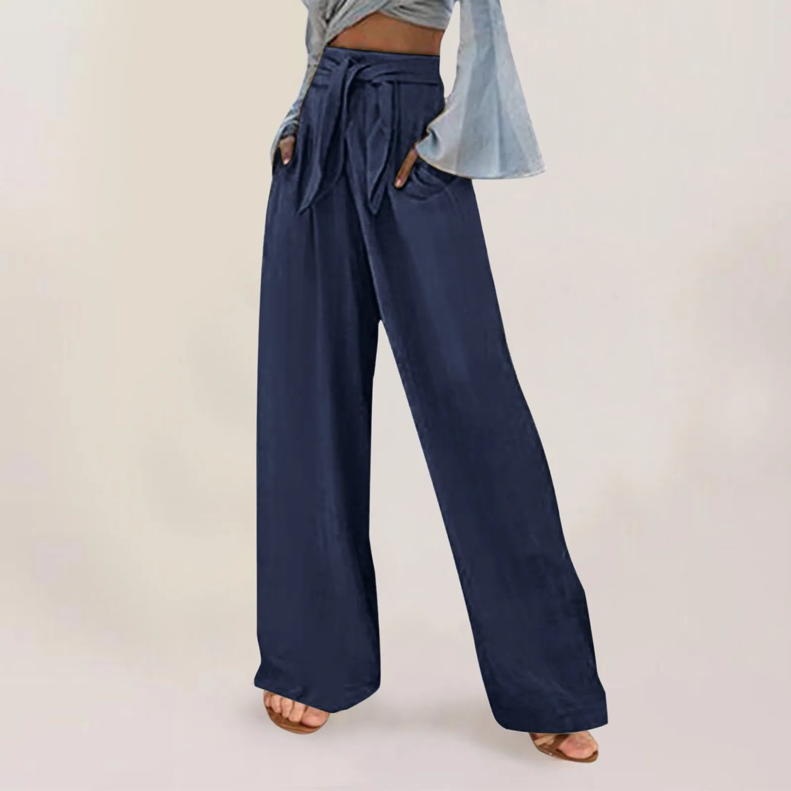 Vintage Drawstring Wide Leg Long Cotton Linen Pants Summer Female Retro Solid Loose Long Trousers For Daily Wear Streetwear