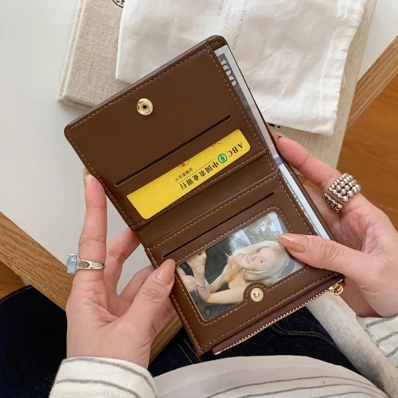 New Premium Two Fold Leather Wallet Brown Suede Splicing Short Women's Wallet Fashion Simple Belt Buckle Card Holder Coin Purse