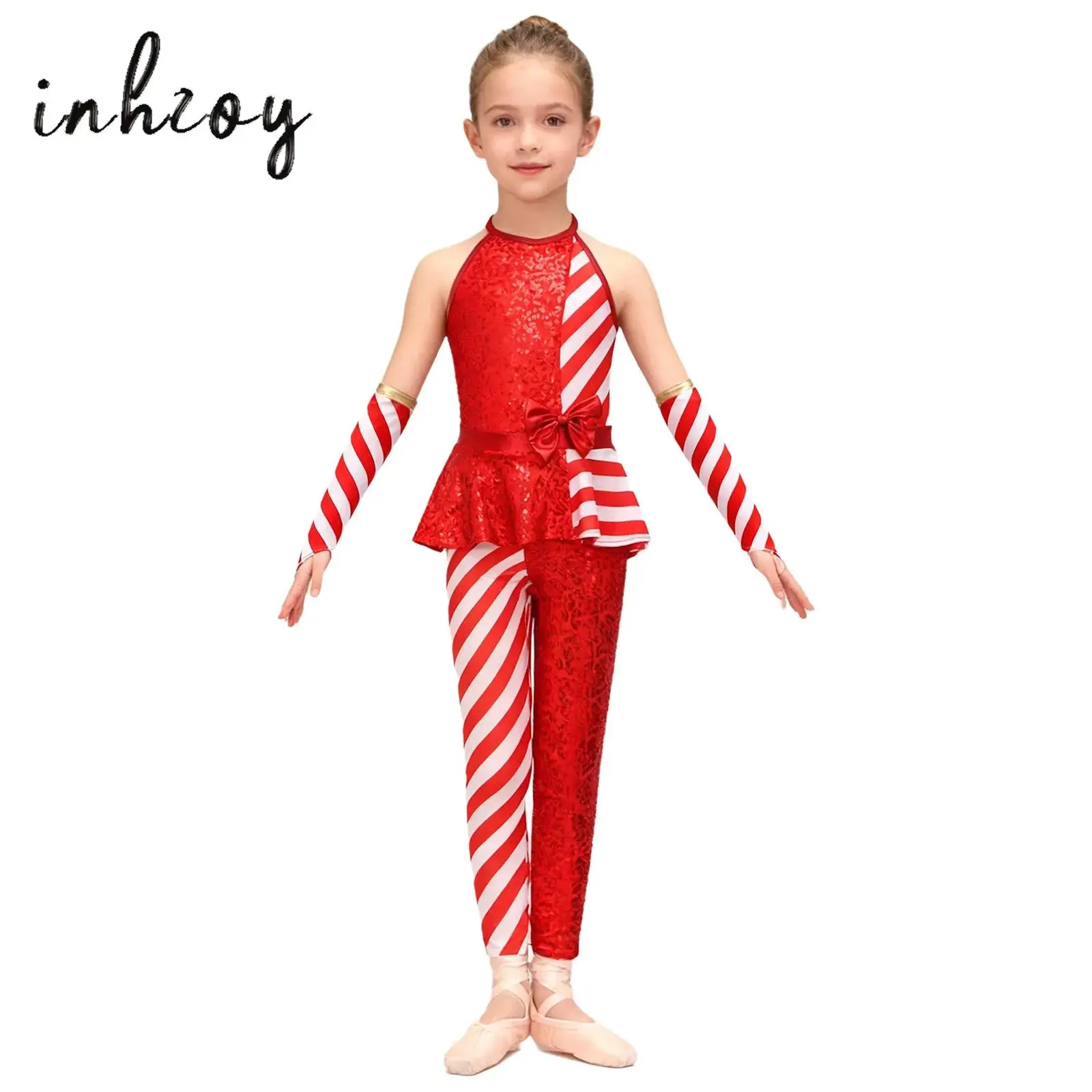 

Girls Christmas Candy Cane Jumpsuit 2-Piece Sleeveless Striped Sequins Peplum Waist Jumpsuit + Oversleeves for Halloween Cosplay