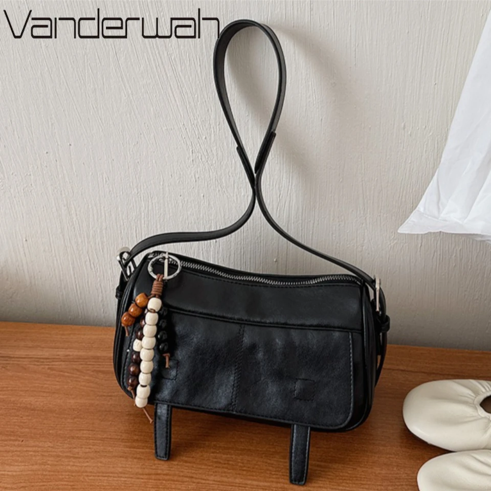 

Women's Retro Soft Leather Shoulder Bag with Beaded Pendant Designer Vintage Crossbody Messenger Bag Female Luxury Handbags New