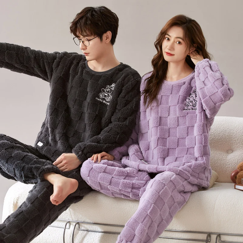 2024 Couple Matching Sleepwear Coral Fleece Winter Warm Pajamas Set Women and Men Thicken Bear Cartoon Cute Nightwear Freeship