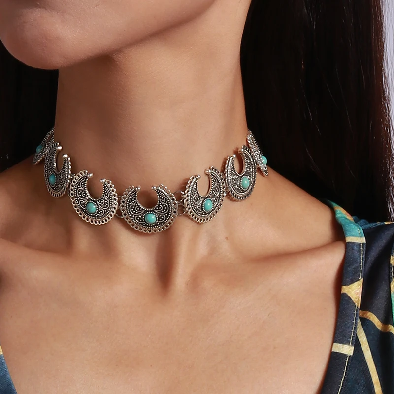 Ethnic Antique Silver Color Moon Choker Necklaces for Women Boho Turquoise Necklace Girls Party Jewelry Gifts