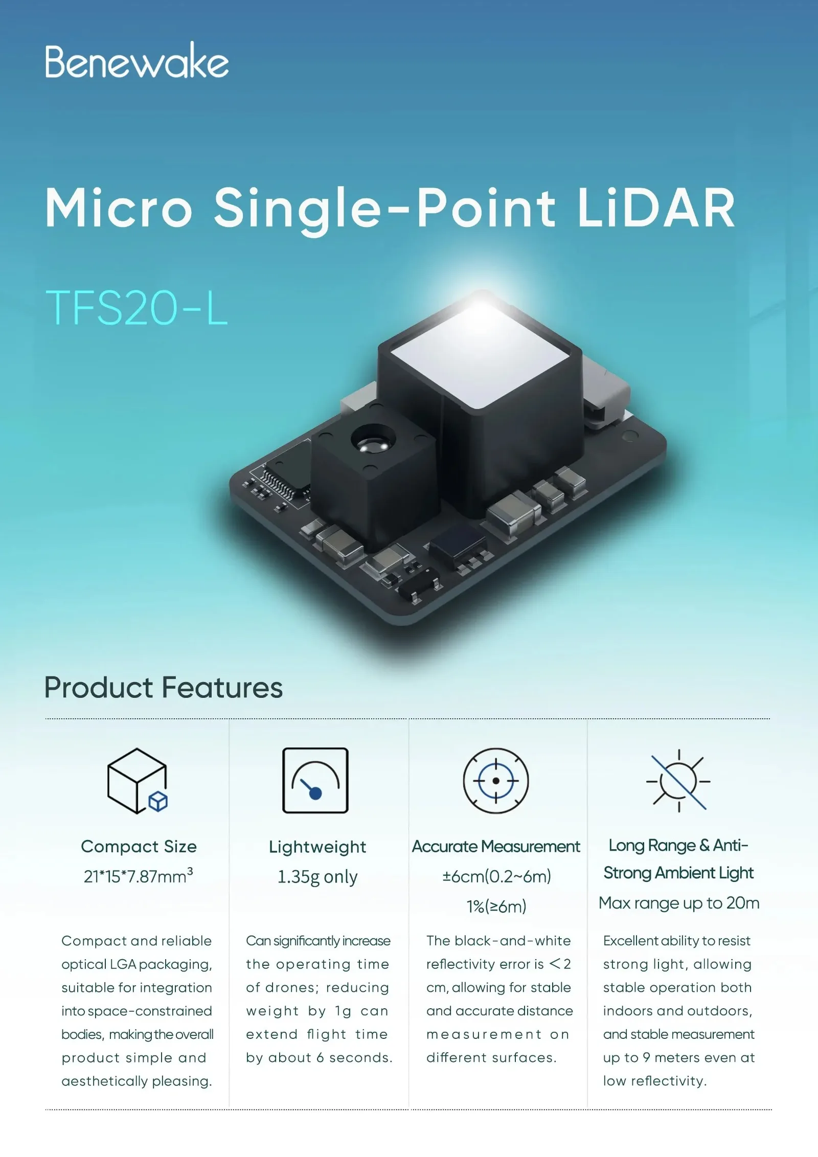 Benewake TFS20-L Micro Single-Point LiDAR Module 20m Range Anti-Strong Light UART/I2C for UAV/Robot