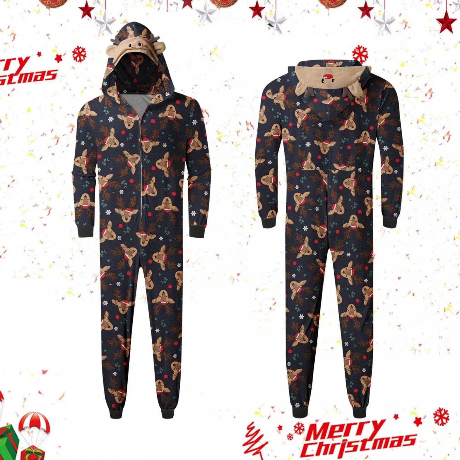 Men'S Christmas Hooded Jumpsuit Pajamas Elk Loungewear Outfits Family Xmas Matching Sets Christmas Printed Hooded Home Suit Set