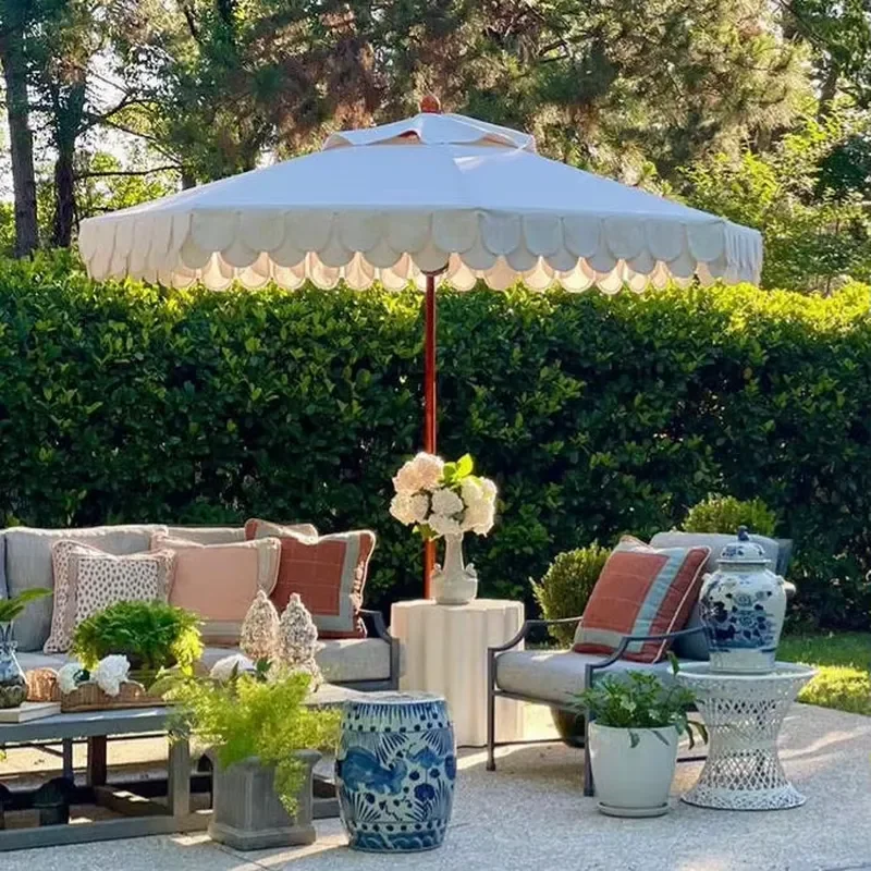 Luxury White Wedding Fringed Beach Umbrella Aluminium Parasols Garden Beach Umbrella for Outdoor Table