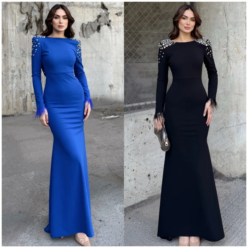 

Customized Modern Style Classic Jersey Rhinestone Feather Mermaid Scoop Neck Long Dresses Bespoke Occasion Dresses High Quality