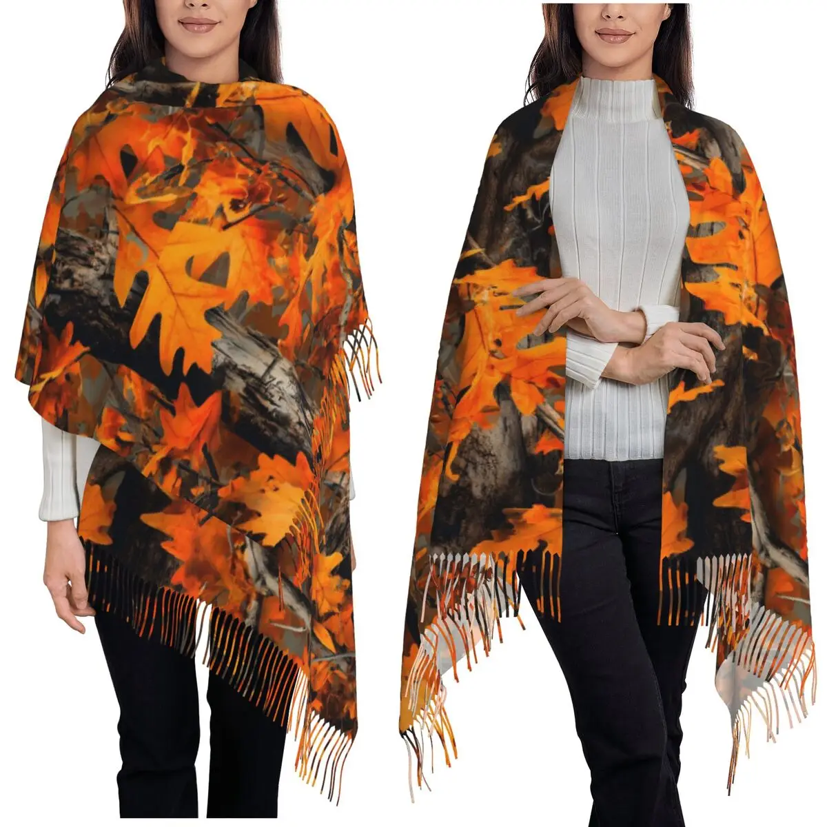 Orange Oak Leaves Autumn Camouflage Artwork Scarf Tassel Scarves for Women Soft Warm Shawls and Wrap Long Fall Winter Shawl Wrap