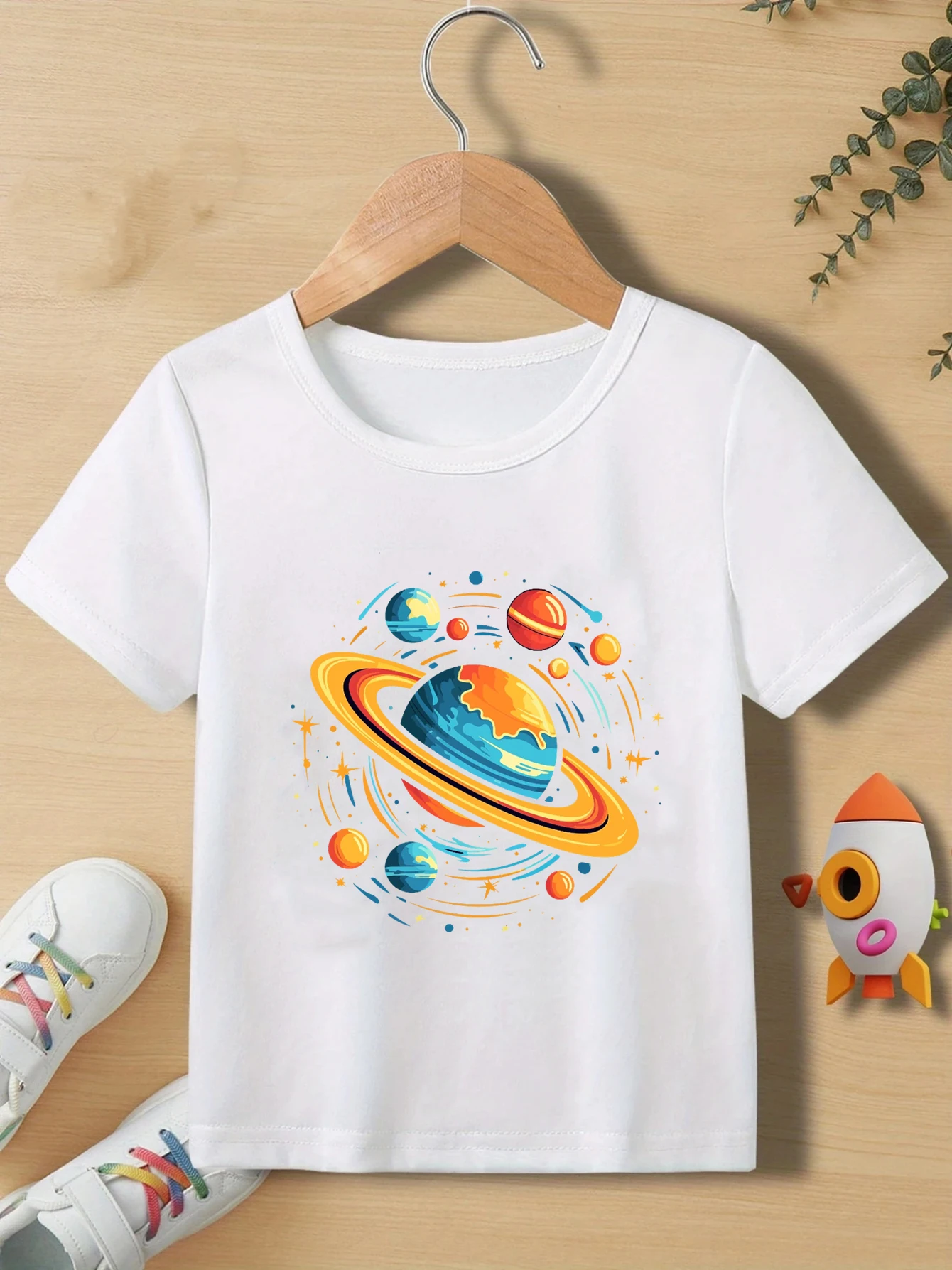 Kids Space Planet Print Short Sleeve T‑Shirt Boys Cartoon Universe Graphic Tee Casual Children Tops