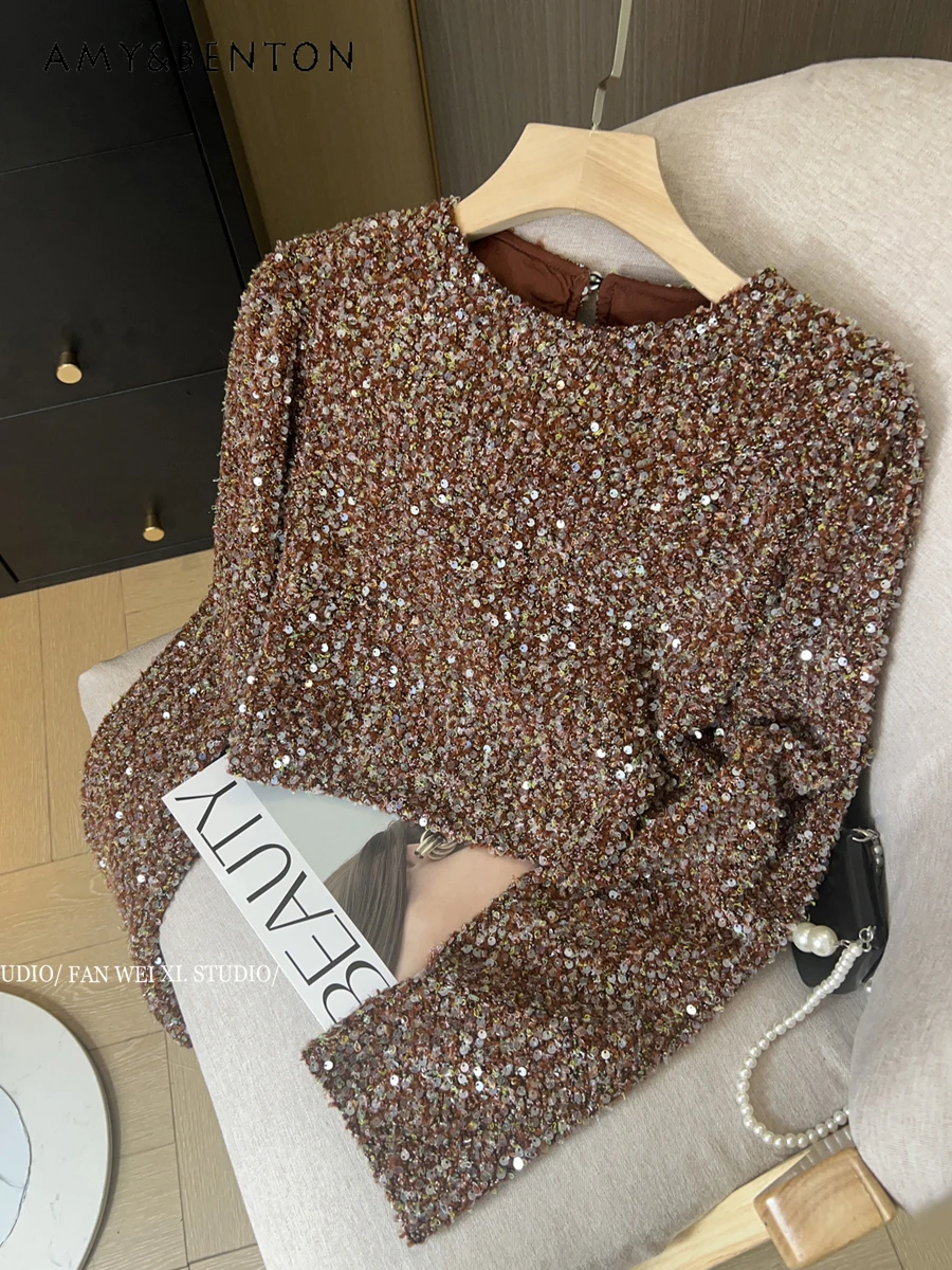 

Spring New High-Grade Versatile Heavy Embroidery Sequins Round Neck Puff Sleeve Sweater Women Fashion Loose Casual Short Tops