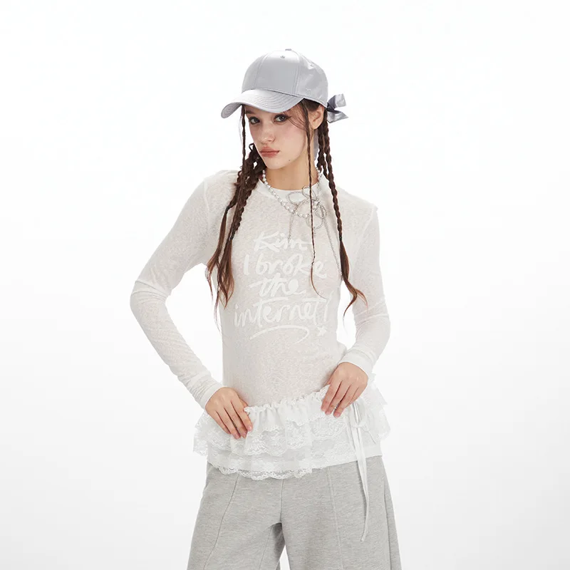 

2026 Spring New Arrival Women's White Letter Print Long Sleeve T-shirt Pure Desire Sexy Style Slim Fit Light Sheer Layerin
