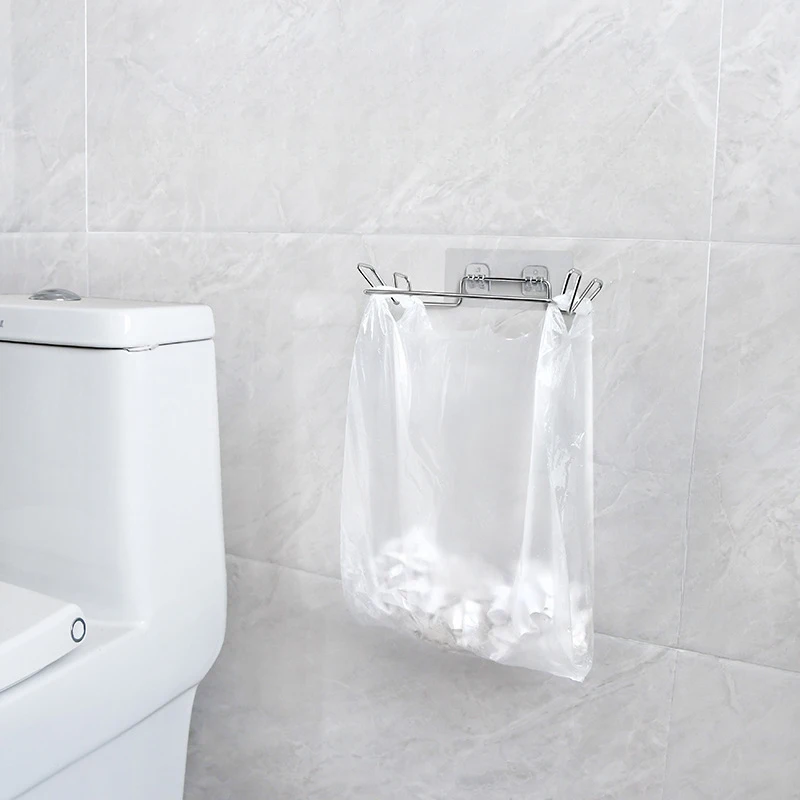Household Stainless Steel Garbage Bag Holder, No Punching, Kitchen Garbage Bag Holder, Multifunctional Bathroom Garbage Bag Hook