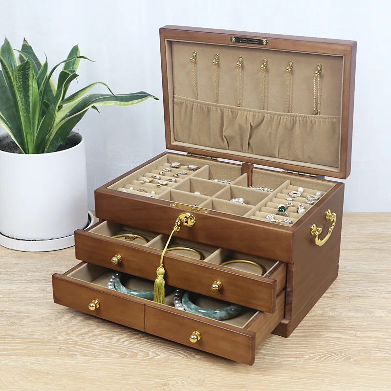 Wood Jewelry Box Large Capacity Earring Storage Box Lockable Makeup Box with Hooks Removable Dividers Stylish Organizer