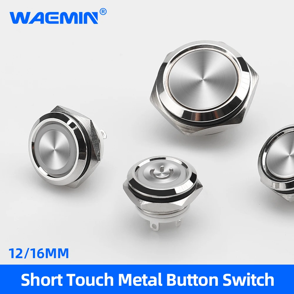 12/16mm Ultrathin Short Touch Metal Button Switch Momentary Reset DIY switch IP67 Waterproof  White blue red green  yellow Lamp