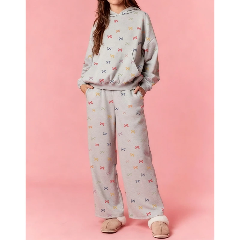 Women 2Piece Bow Print Outfits Set Long Sleeve Oversized Hooded Sweatshirt Tops with Wide Leg Sweatpants Sweatsuits With Pocket