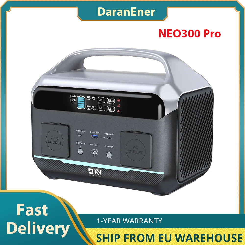 DaranEner NEO300 Pro 299Wh Power Station, 600W AC Output, 5 Ports,100W USB-C, Portable  LiFePO4  Battery，5 Input Charging