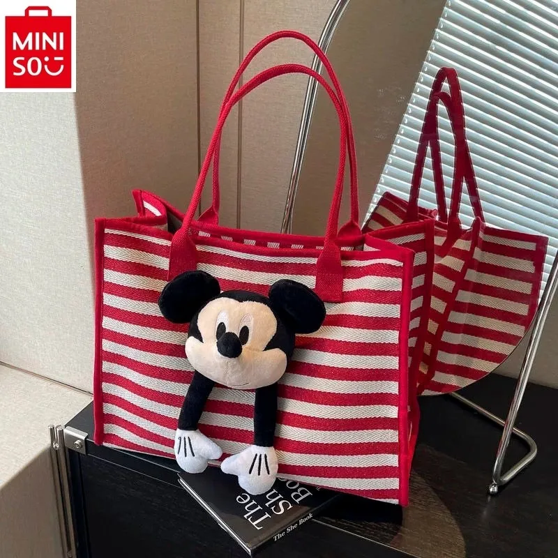 MINISO 2024 New Fashion Cartoon Mickey High Quality Canvas Handbag for Women's Casual Versatile Large Capacity Storage Tote Bag