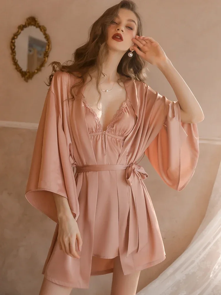 Women\'s Silk Satin Robe & Gown Set 2-Piece Sexy Lace Solid Color Suspender Dress V-Neck Sleepwear Belted Bathrobe Home Clothing