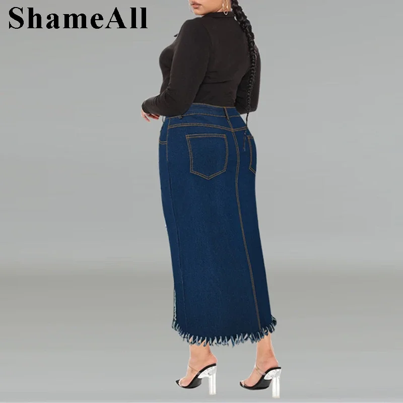 Plus Size Front Split Hem Tassel Patchworked Mid Denim Skirts 5XL Large Size Saia Midi Calf Length Bodycon Jeans Skirts Rock