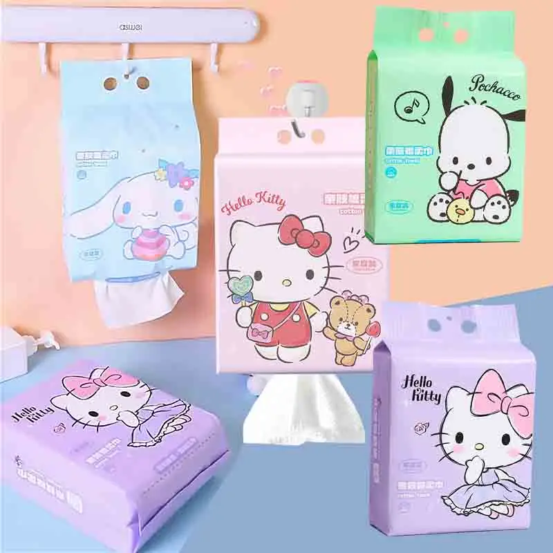 

Kawaii Hello Kitty Disposable Face Towel Sanrio Cinnamoroll Pochacco Family Facial Towel One-Time Hanging Soft Facial Tissue