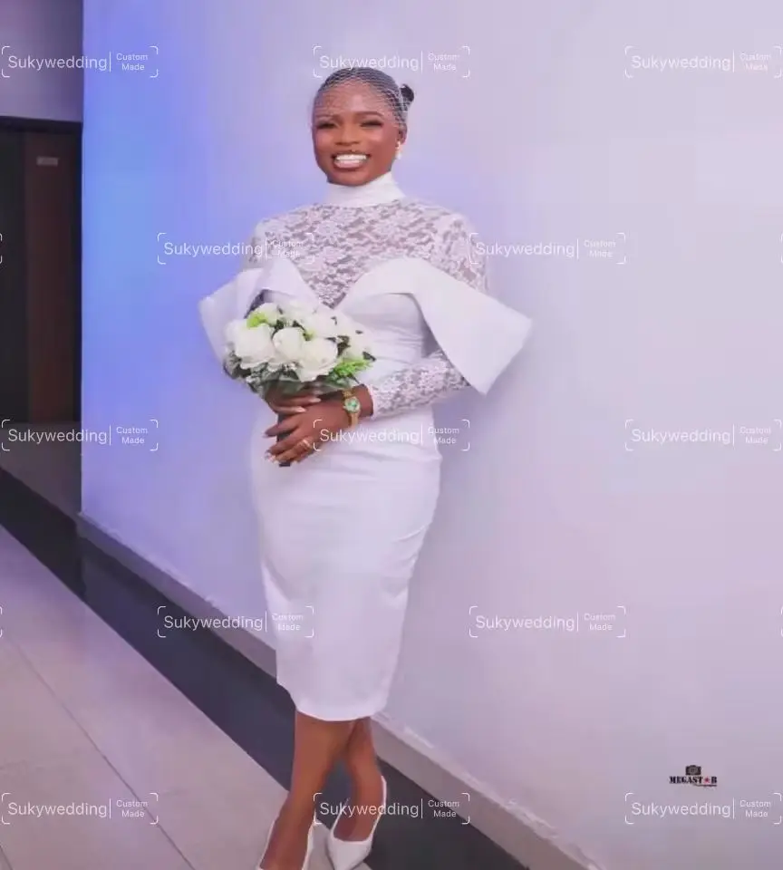 

Short Wedding Dresses Lace Long Sleeves Satin Tea Length High Neck Bridal Dress Aso Ebi Mother Party Dresses Customsized
