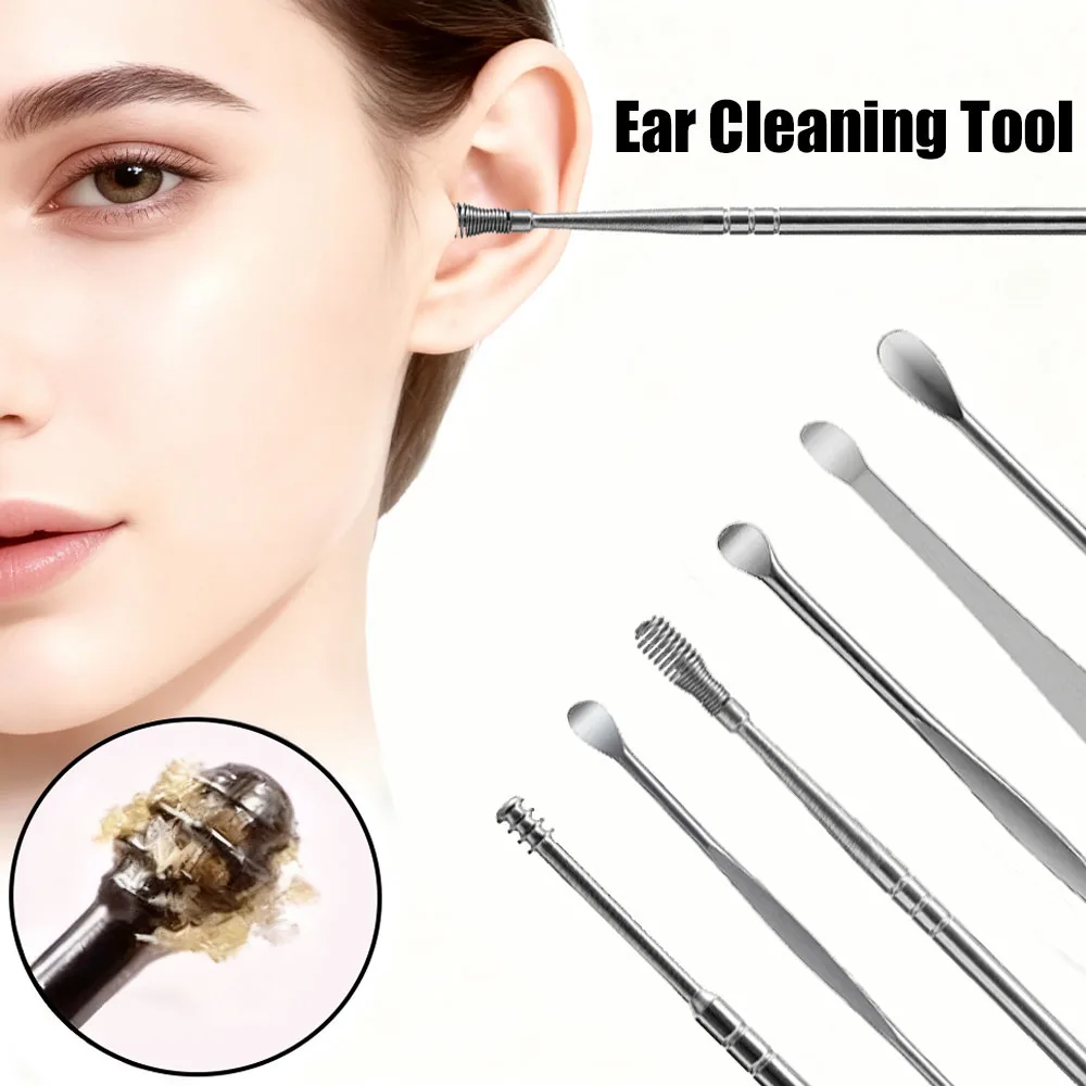 

6Pcs/set Ear Cleaning Tool Stainless Steel Ear Wax Removal Set Earpick Care Cleaning Ear Canal Curette Spoon Ear Clean Kit