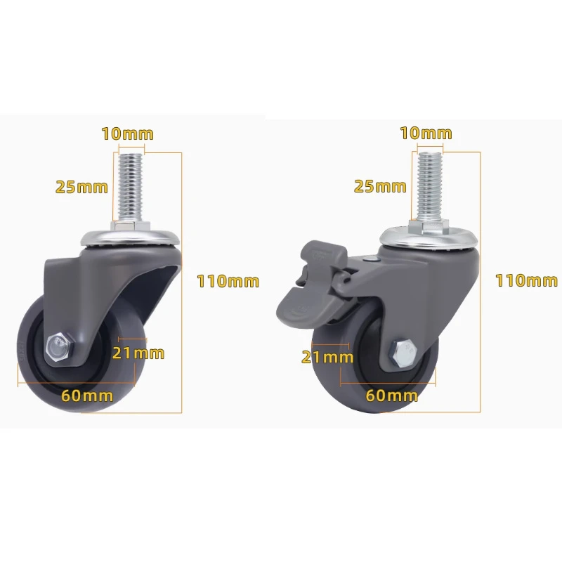

4Pcs - 2.5inch Silent Rubber Swivel Casters with Brake (M10x25mm) - Smooth Rolling Furniture Wheels