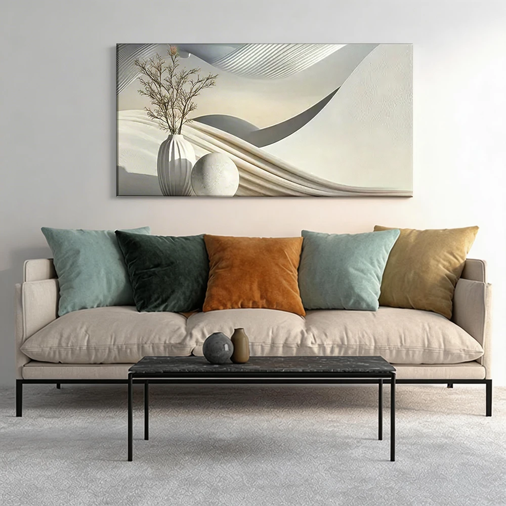 Cuadro decorativo en lienzo con marco de madera, florero, ramas secas, fondo de olas. Decoración de pasillo.