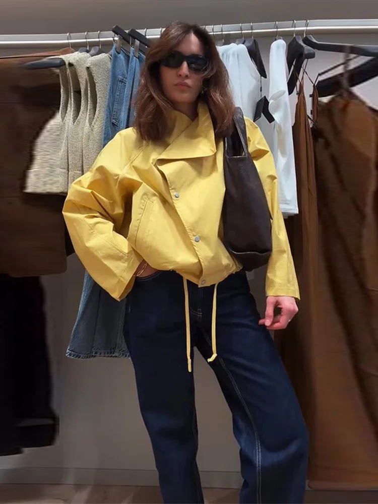 Stehkragen-Jacke mit Seitenverschluss und Kordelzug am Saum, Oversize-Jacke für Damen, Streetwear, Langarm, Einreihig, Lockerer Mantel, Neue Damen-Oberbekleidung – Detail 18