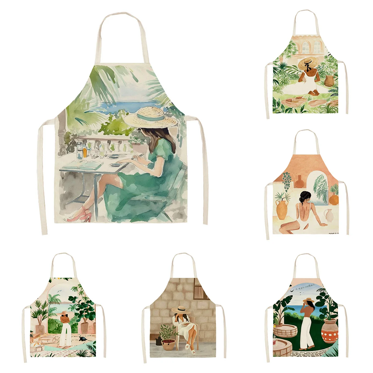 

Ins ветер Morandi цветной иллюстрации фартук кухонный маслостойкий фартук женский кофейня официант унисекс длинная секция 70 см x 100 см