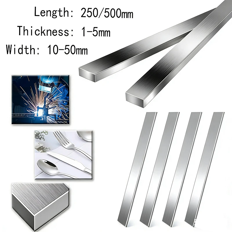 1Pcs Length 250mm/500mm 304 Stainless Steel Flat Bar  Thick 1/2/3/4/5mm Width 10/12/15/20/25/30/40mm