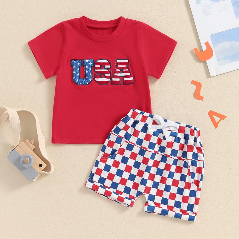 

2024-03-19 Lioraitiin Kids Boys Shorts Set, Short Sleeve Embroidery Letters T-shirt with Plaid Shorts Independence Day