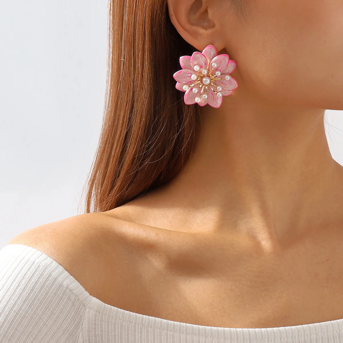 Classic Vintage Pink Drip Oil Big Flowers Pearl Stud Earrings for Women Romantic Temperament Elegant Charm Girl Jewelry image 3