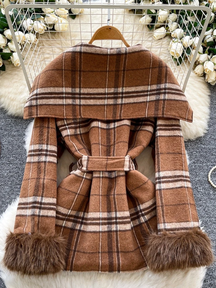 Manteau en laine à carreaux pour femmes, Vintage français Chic, Slim, ceinture à la taille, revers, manches longues, poignets en fausse fourrure, chaud, élégant, bureau, hauts décontractés