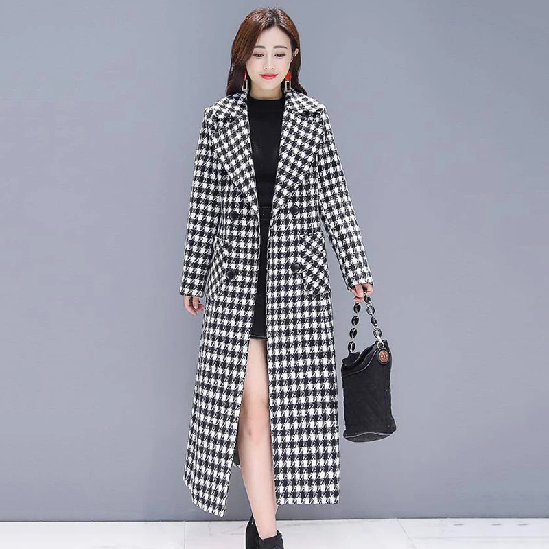 

Houndstooth Woolen Coat Outerwear Female Long Autumn Winter 2024 New Thicke Loose Fashion Plaid Overcoat Women Windbreakers 4XL