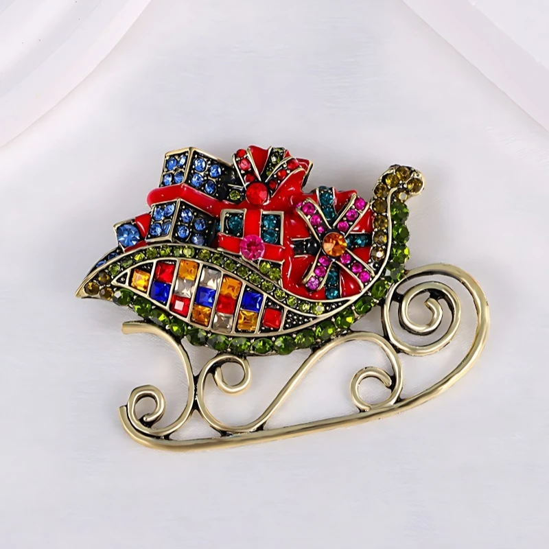 New Style Trendy Vintage Rhinestone Christmas Sleigh Brooch High-end Emerald Green Corsage Pin Accessory Badge