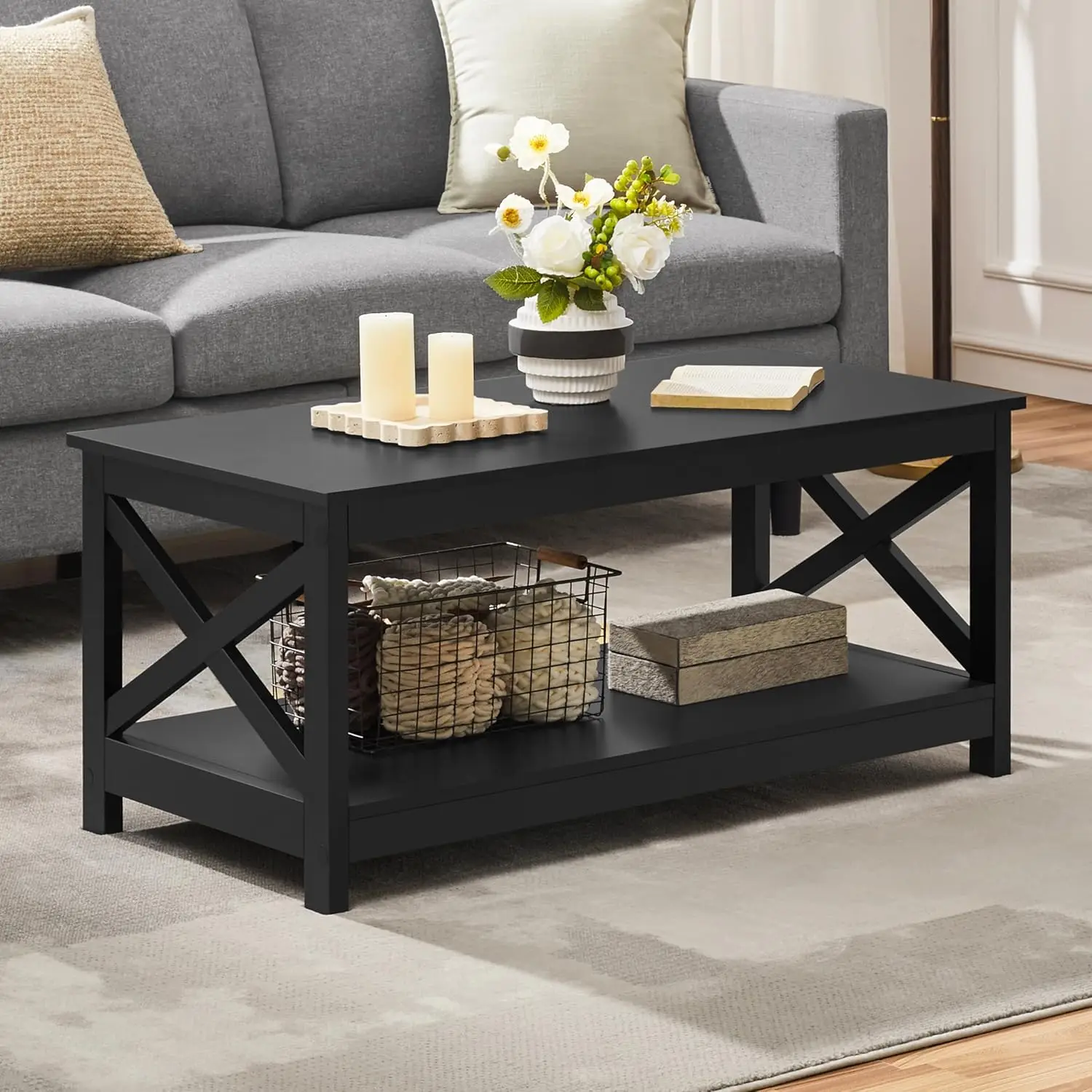 

Wood 2-Tier Black Coffee Table with Storage Shelf for Living Room X Design Accent Cocktail Table Easy Assembly Home Furniture