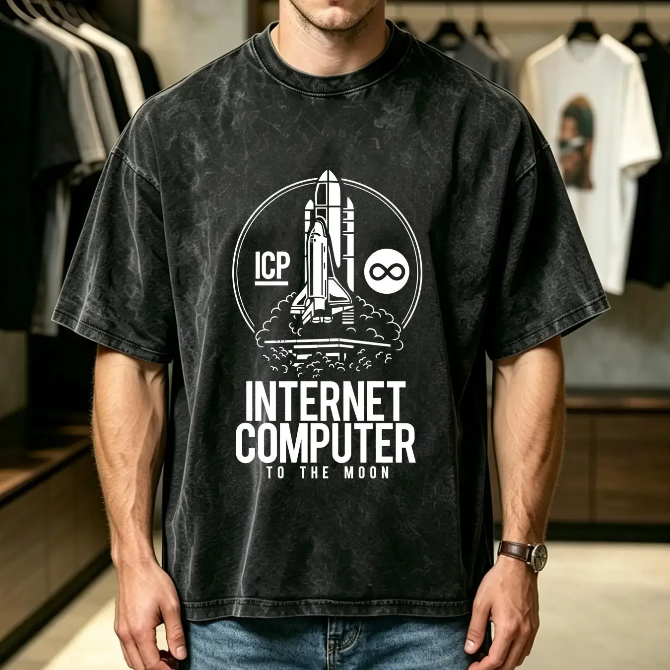 washed T Shirt Internet Computer To The Moon ICP DOGE Coin Crypto 6 colours long or short sleeves vintage Washed